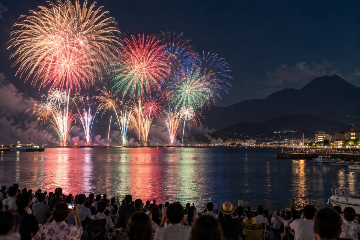 AI生成による島原温泉ガマダス花火大会のイメージ画像